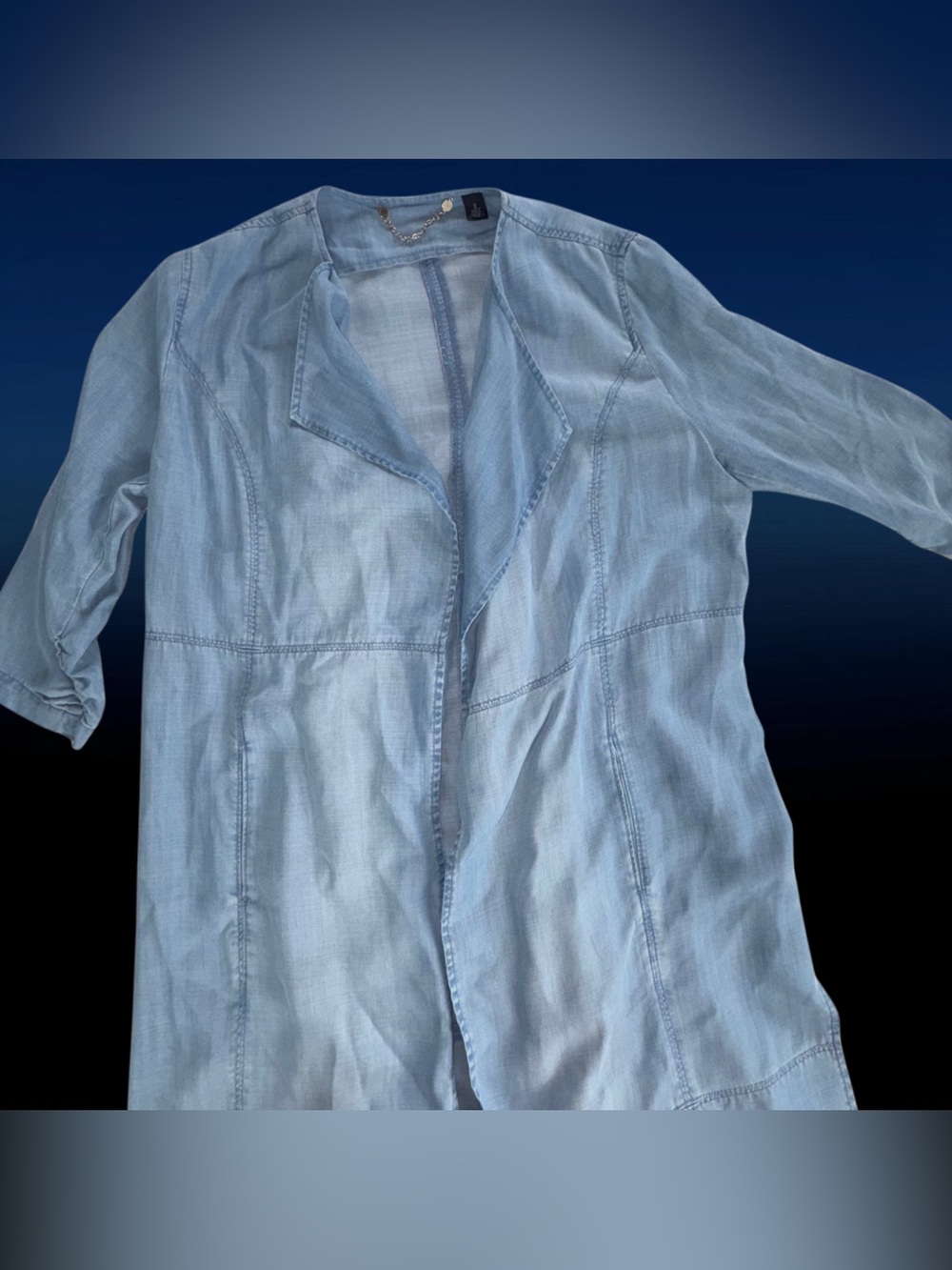 CHICOS Black Label Chambray Blue Duster Open Coat Jacket Western Sz 2 Large - Picture 7 of 13